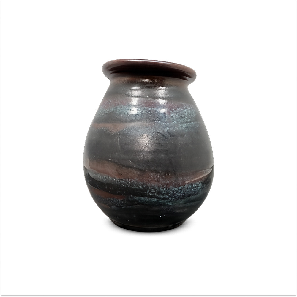Signed Keiko Hasegawa Japanese Studio Pottery Vase Brown Blue Drip Glaze MCM 8"